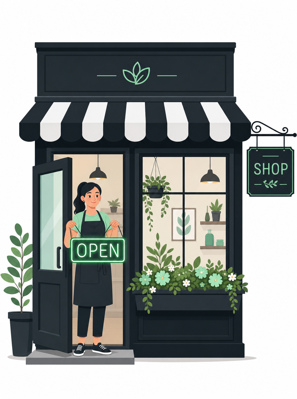 A woman shop owner holding an Open sign in front of a small business storefront
