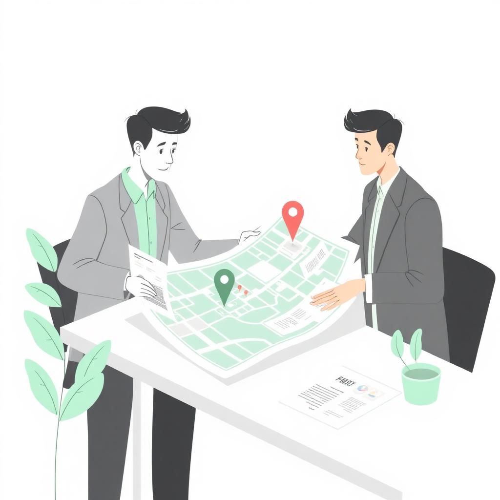 A city planner and entrepreneur reviewing a zoning map and permit documents together