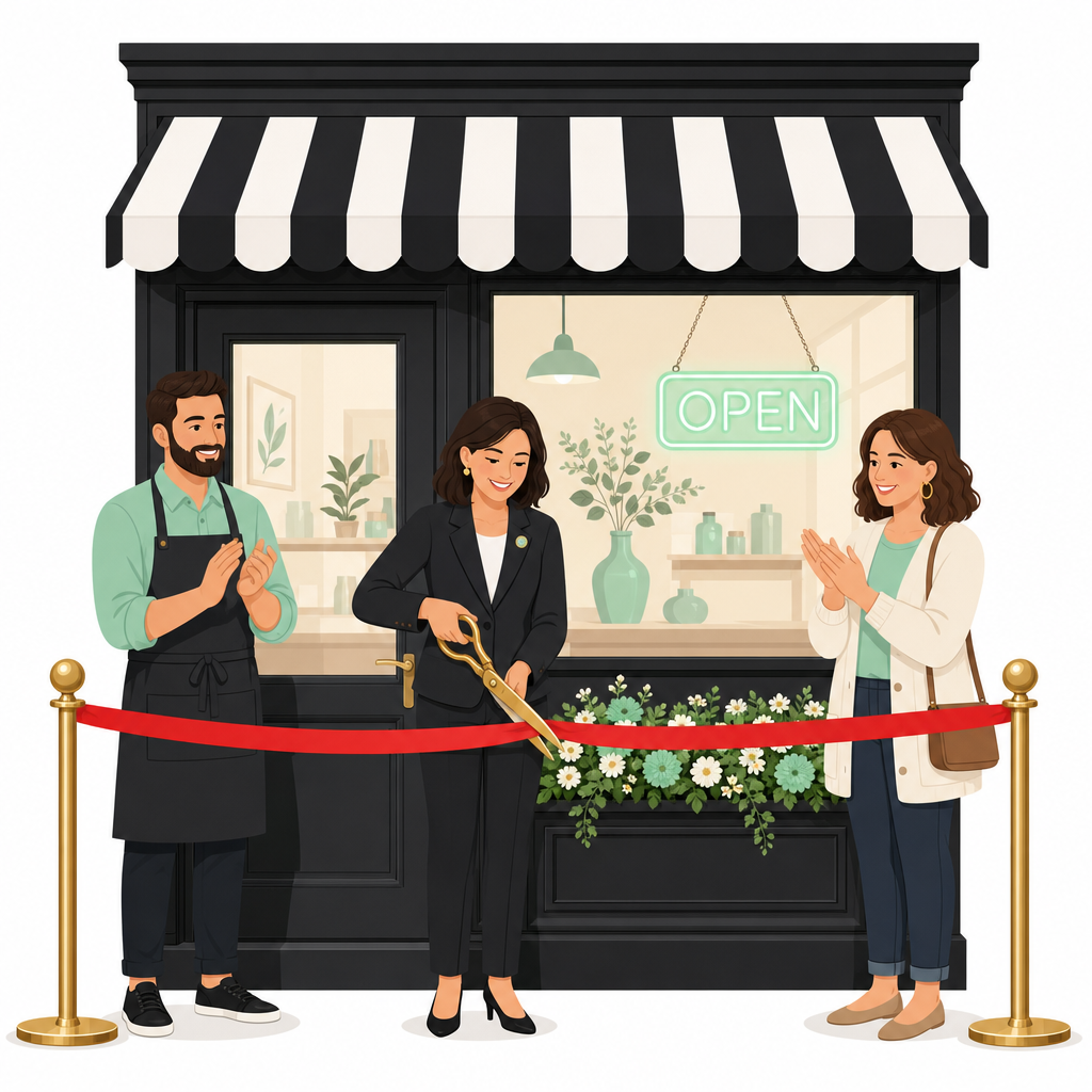A city official cutting a grand-opening ribbon in front of a local storefront with community members