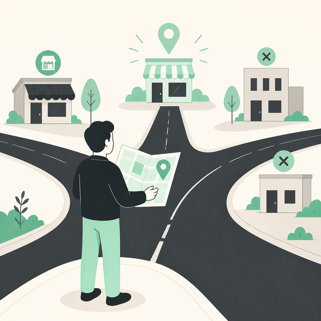 Illustration of a person with a map choosing the right storefront location at a crossroads