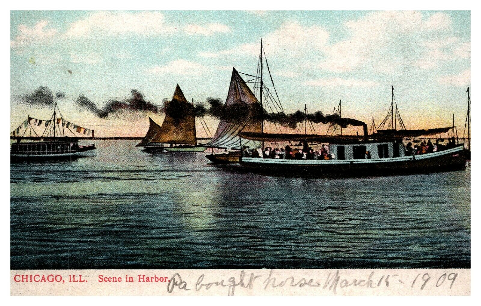 C.1909 Chicago. Harbor Scene. Sail Ships. Boats. Lake Michigan. Steamship. Louis